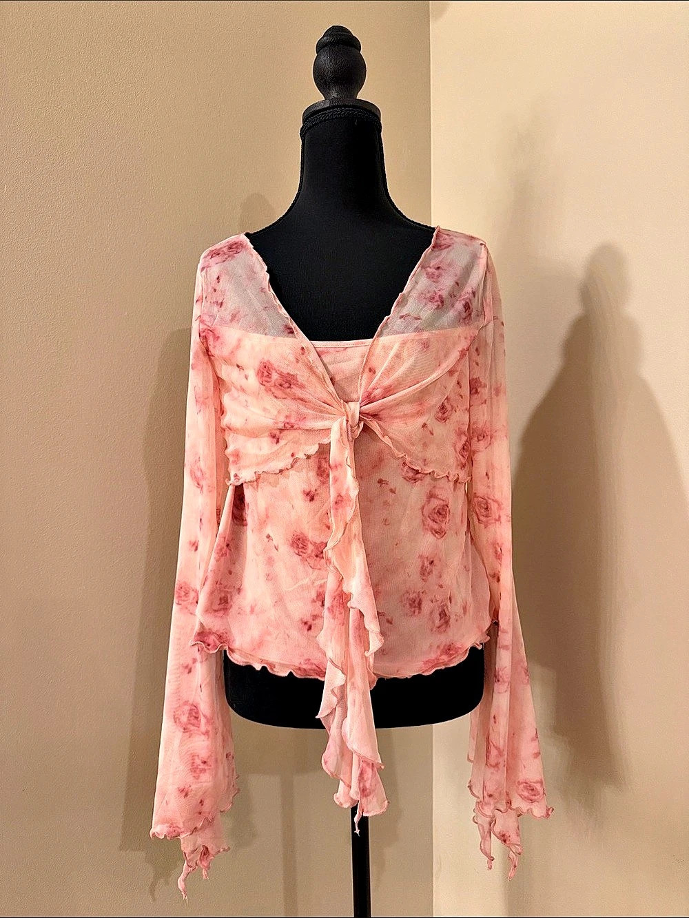 SHEIN MOD Plus Size Mesh Tie-Front Bell Sleeve Blouse Pink XL NWT